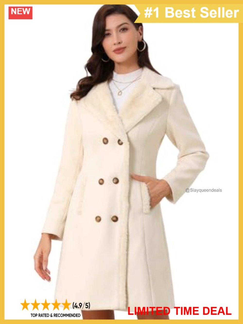 Faux Fur Lapel Double Breasted Winter Pea Coat Overcoat